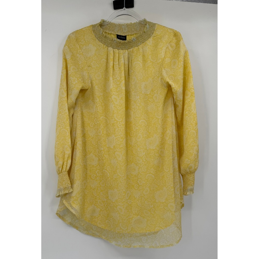 Artizara‎ Yellow Paisley Smocked High Neck Tunic Top NWT XS 4 Long Sleeve Blouse